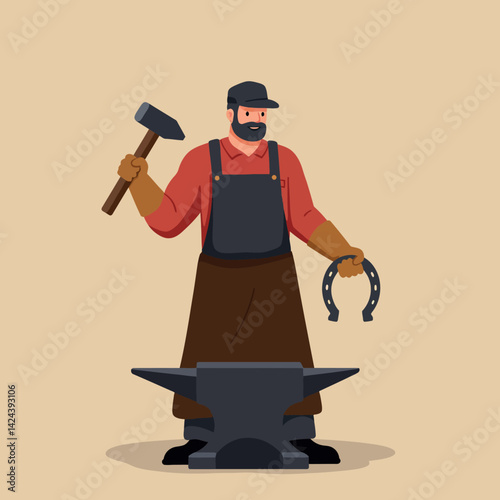 Blacksmith holding hammer and horseshoe working at anvil vector illustration 