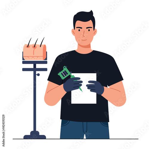 Man holding tattoo machine with skin practice piece for tattooing art and training vector illustration 