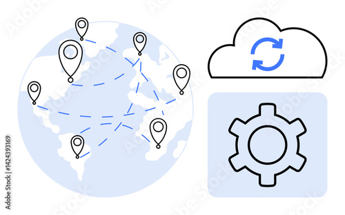 Planet with location pins connected by dotted lines, cloud with sync arrows, gear icon for functionality. Ideal for technology, connectivity, cloud computing, global communication, automation, data