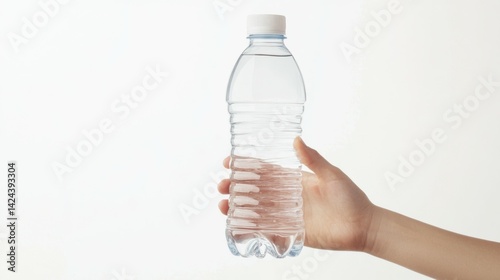 healthy lifestyle and diet concept - hand holding plastic water bottle isolated on white background