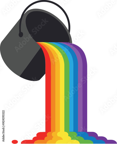 Rainbow paint pouring from black bucket vector illustration with vibrant colors and smooth flow design