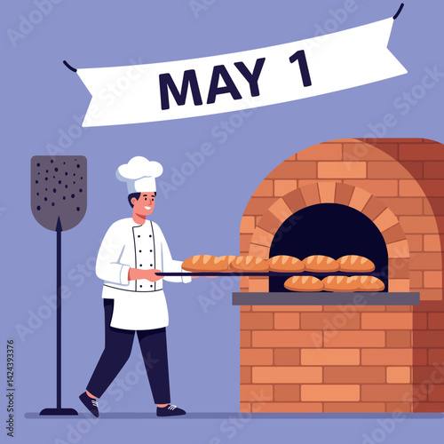 Baker placing fresh bread in brick oven for May Day celebration vector illustration 