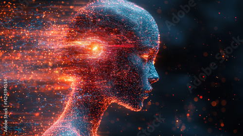 Cyber soldier connected to AI network in a futuristic warzone with digital armor and neural uplink