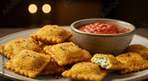 Golden Crispy Fried Ravioli Served With Marinara Sauce For Delicious Eating