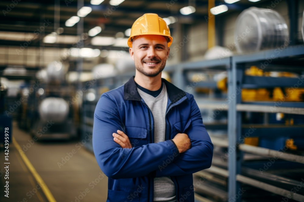confident smiling man portrait in a factory worker confident smiling man portrait in a factory worker