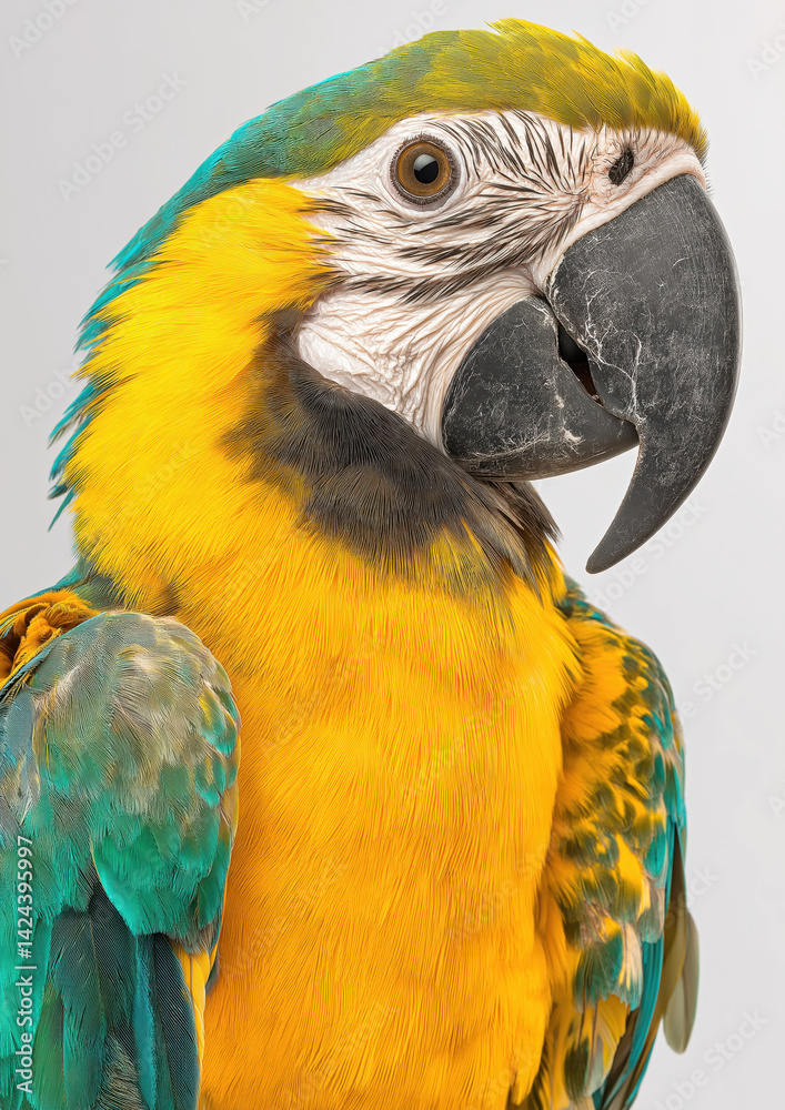 Fototapeta premium Colorful portrait of blue-and-yellow macaw parrot close-up