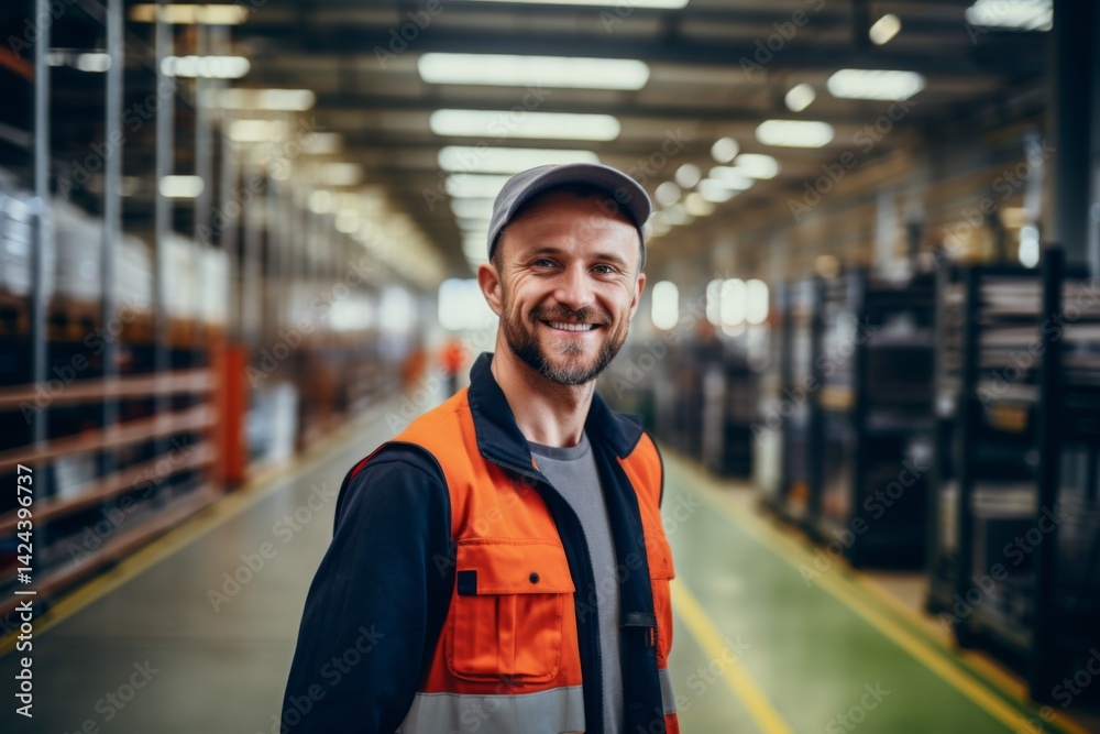confident smiling man portrait in a factory worker confident smiling man portrait in a factory worker