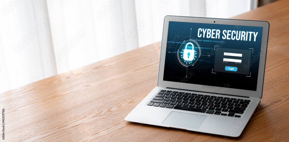 Cyber security system on computer screen protect private information snugly from hacker and cyber attack Cyber security system on computer screen protect private information snugly from hacker and cyber attack