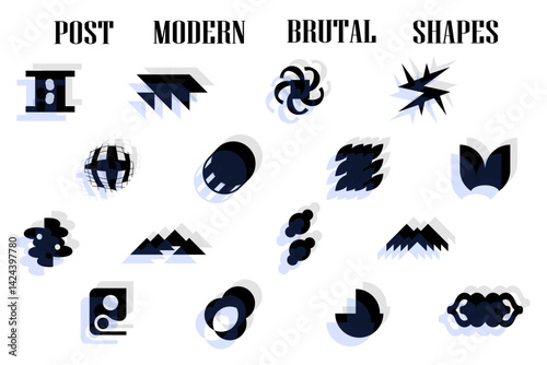 Set of wireframes 3d abstract geometric shapes in y2k style inspired by brutalism. Postmodern brutal Y2k shapes. Vector abstract graphic elements. 