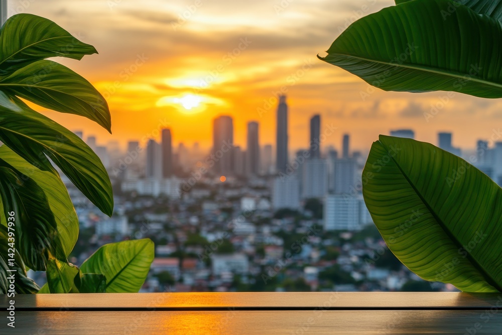 Urban Sunset Framed by Lush Plants