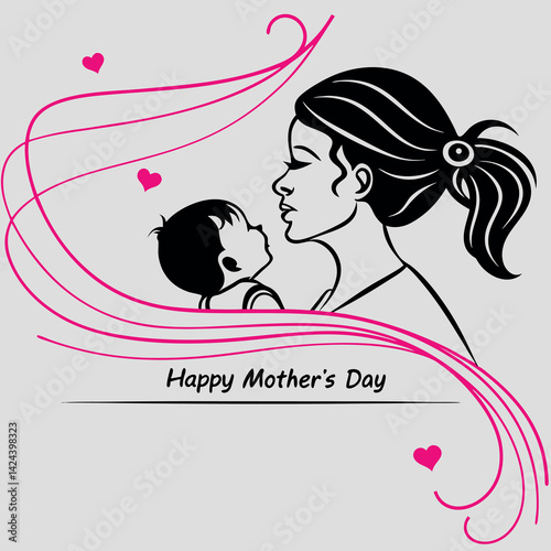 Stylized black and white line art of a mother and baby with pink accents and 
