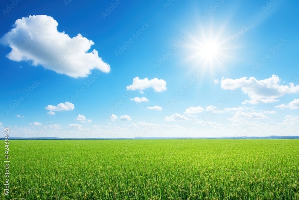 Vast field of green rice under a vibrant blue sky