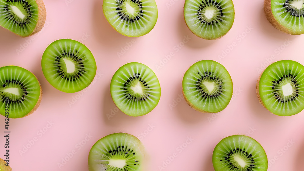 Fototapeta premium Whole and sliced kiwis arranged on a pastel pink background