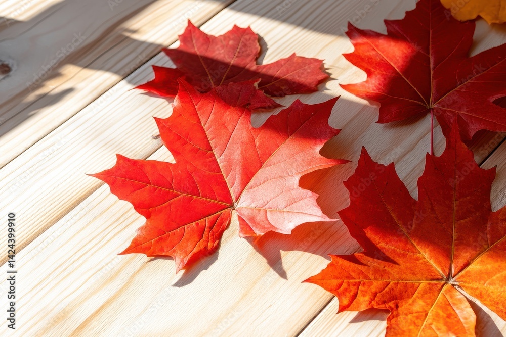 Vibrant autumn leaves on a light wooden surface