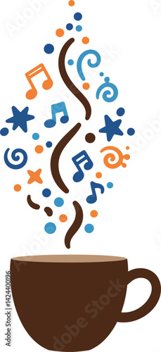 Coffee cup with rising steam shaped as colorful music notes and symbols vector illustration