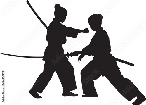 silhouettes of martial artists sword fighting in dynamic action
Description:
Captivating silhouettes of two figures engaged in sword fighting, wearing traditional martial arts attire. 