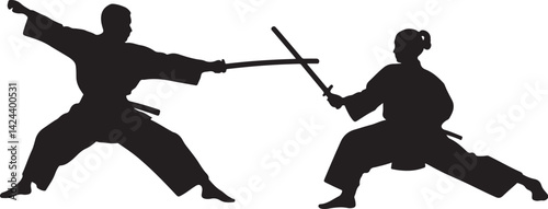 silhouettes of martial artists sword fighting in dynamic action
Description:
Captivating silhouettes of two figures engaged in sword fighting, wearing traditional martial arts attire. 