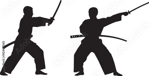 silhouettes of martial artists sword fighting in dynamic action
Description:
Captivating silhouettes of two figures engaged in sword fighting, wearing traditional martial arts attire. 