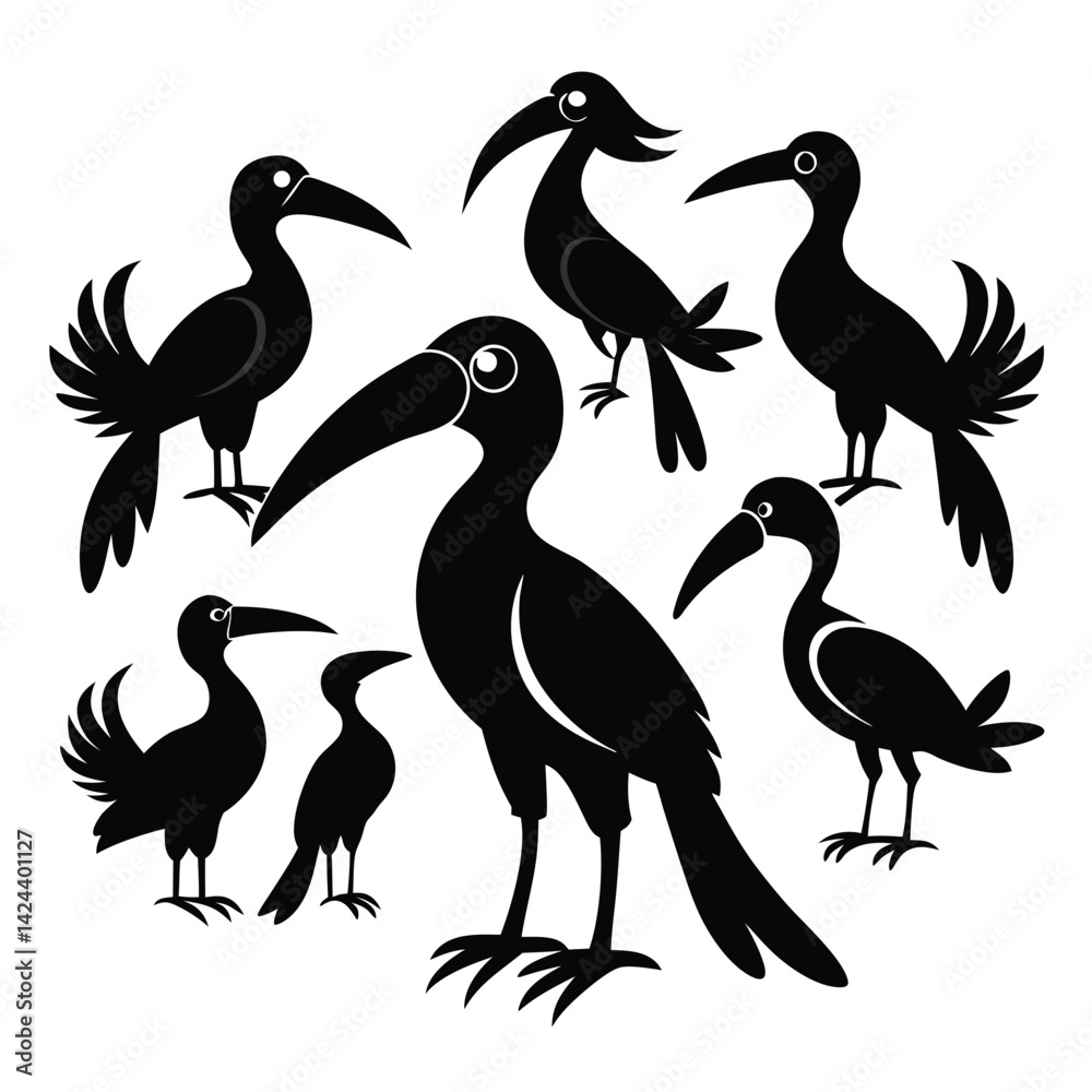 set of Hornbill bird shilhotee vector with white background set of Hornbill bird shilhotee vector with white background