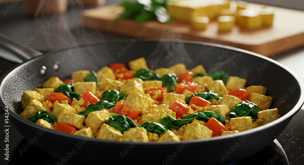 Savory Tofu Stir Fry Featuring Spinach and Tomato in a Frying Pan Savory Tofu Stir Fry Featuring Spinach and Tomato in a Frying Pan