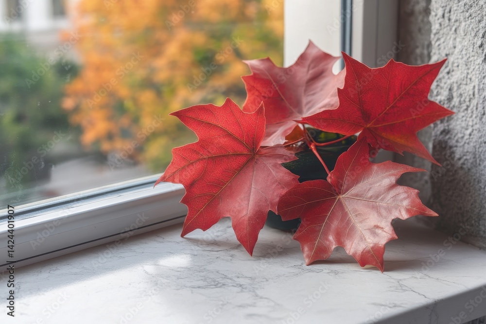 Vibrant red autumn leaves on windowsill