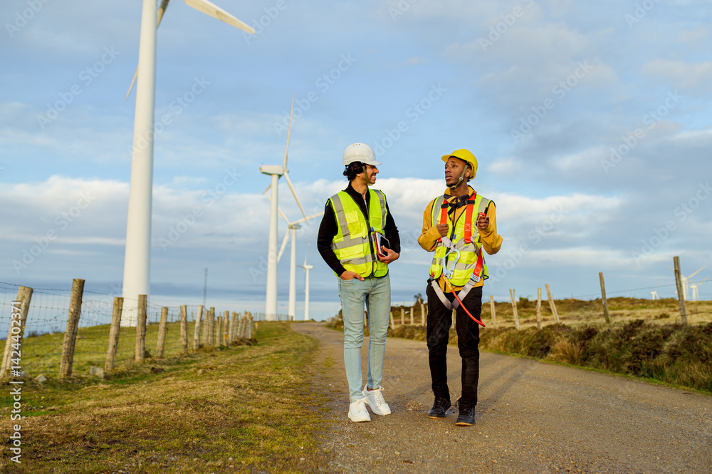 Two engineers walking and discussing next to wind turbines in a wind farm, wearing safety vests and helmets