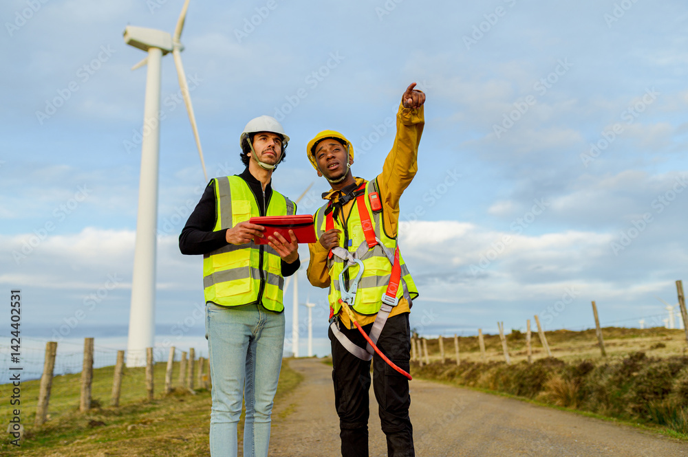 Two engineers wearing safety vests and helmets are inspecting wind turbines, one holding a digital tablet and the other pointing towards a turbine
