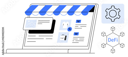 Laptop with a striped store awning, e-commerce interface, gear icon, and DeFi network elements connecting hubs. Ideal for online shopping, marketplace, financial tech, decentralized finance