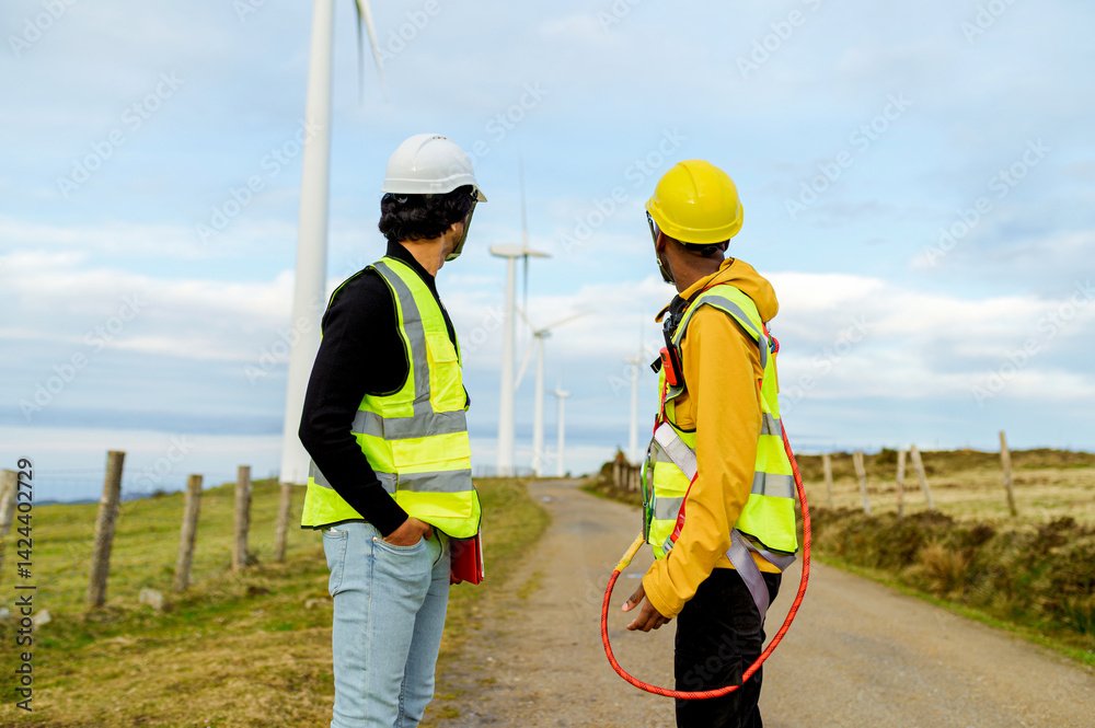 Two engineers wearing safety vests and helmets are discussing next to wind turbines, showcasing renewable energy and teamwork