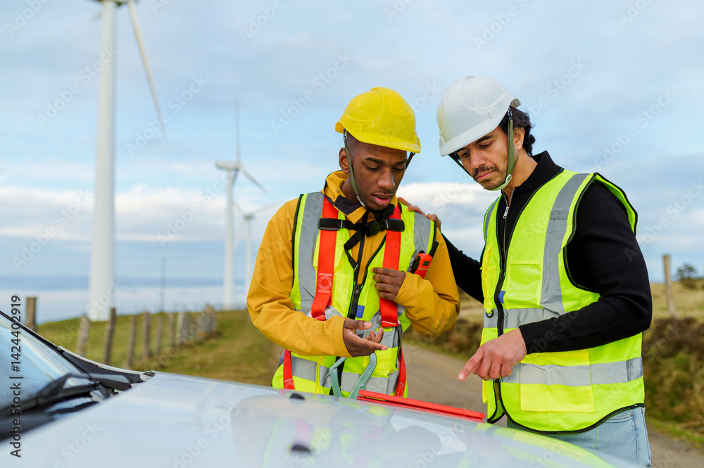 Two engineers wearing safety vests and helmets reviewing information on a tablet, standing next to their car in a wind turbine farm, working on renewable energy