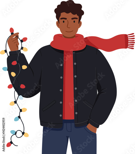 Young man holding colorful Christmas lights wearing red scarf and black jacket vector illustration