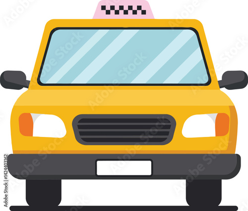 Yellow taxi cab front view vector illustration with pink roof sign and black details urban transport vehicle