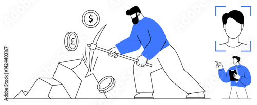 Man breaking rocks to reveal currency icons using pickaxe, magnifies mining concept. Adjacent profile recognition silhouette displays technology. Ideal for finance, mining, authentication