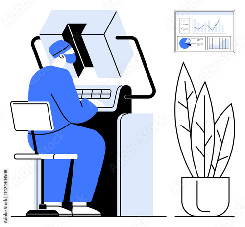 Worker in ergonomic setup examining digital data charts. Ideal for technology, innovation, productivity, data analysis, office culture, remote work, and simple landing page