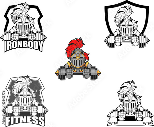 medieval knight bodybuilder with barbell, emblem logo