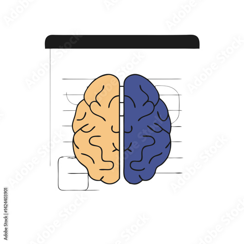 A divided brain on a notepad representing the duality of thinking, creativity and logic working together, in a simple line art style.