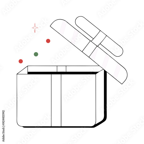 A gift box bursts open revealing tiny colorful surprises, a moment of joyful anticipation in minimalist line art.