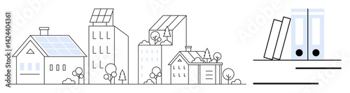 Buildings with solar panels surrounded by trees, paired with neatly aligned office folders. Ideal for sustainability, green energy, urban planning, organization, renewable resources, eco-design, flat