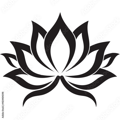 A serene black lotus blossom, symbolizing purity and enlightenment, in a bold, stylized design with sharp lines and a striking contrast against a white background.