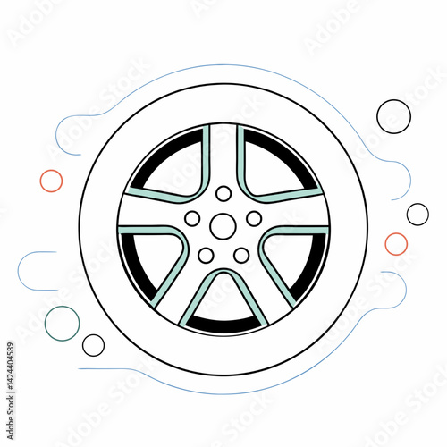 A sleek modern wheel design, ready for the open road, featuring a minimalist line art style with pastel accents.