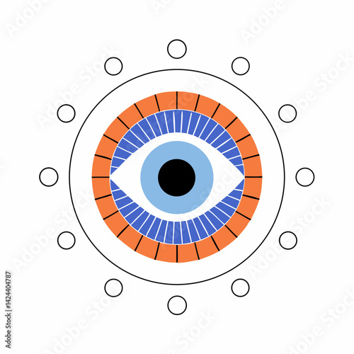 A watchful eye surrounded by a protective halo of circles in vibrant orange, blue and white, offering a sense of safety and serenity.