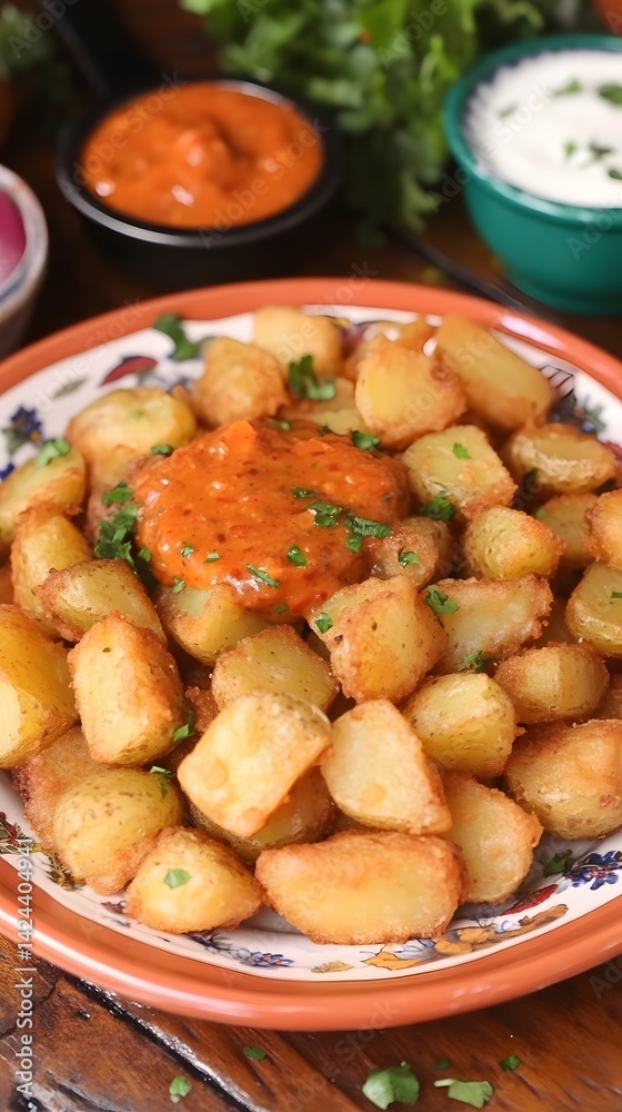 Crispy Golden Potatoes with Spicy Sauce Garnish, Delicious Food Photography