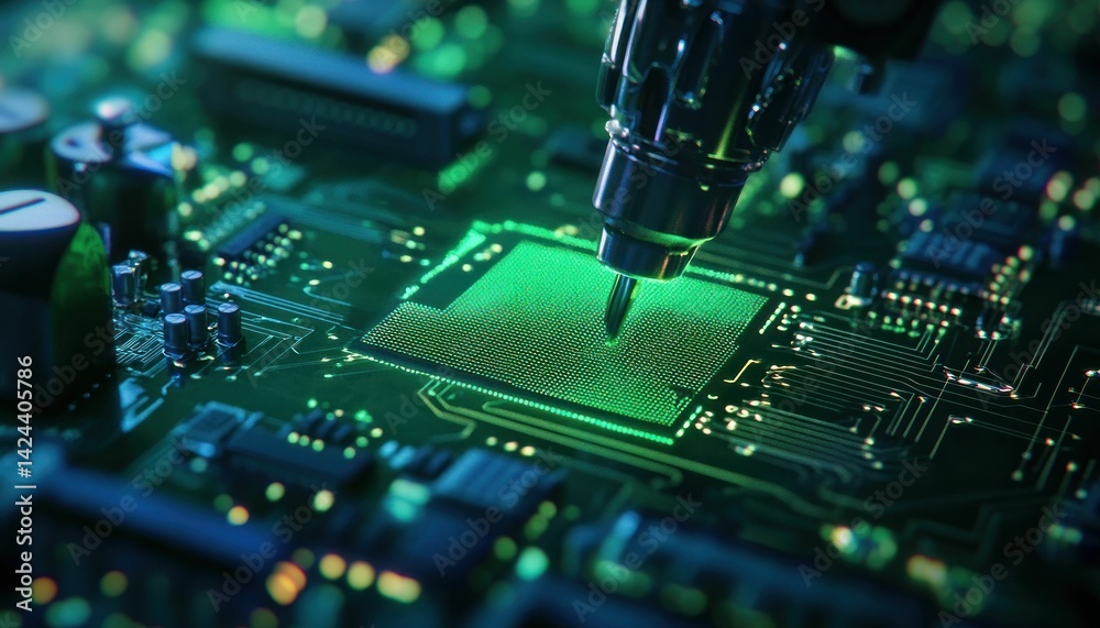Fototapeta premium Precision Robotics: Automated System Inspecting and Repairing an Advanced Circuit Board