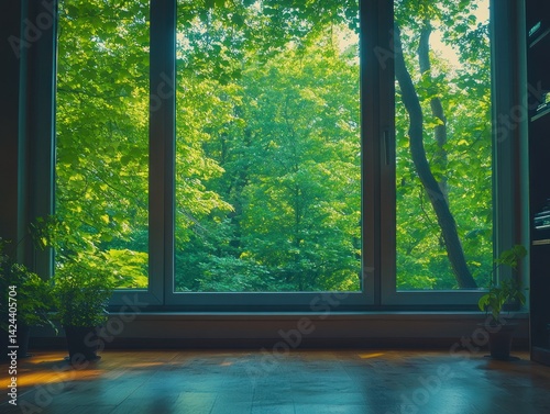 Window view of lush green trees, plants, wood floor inside