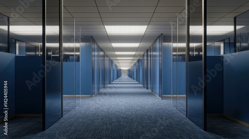 A symmetrical view of an empty office cubicle environment with blue partitions and carpeted floors
