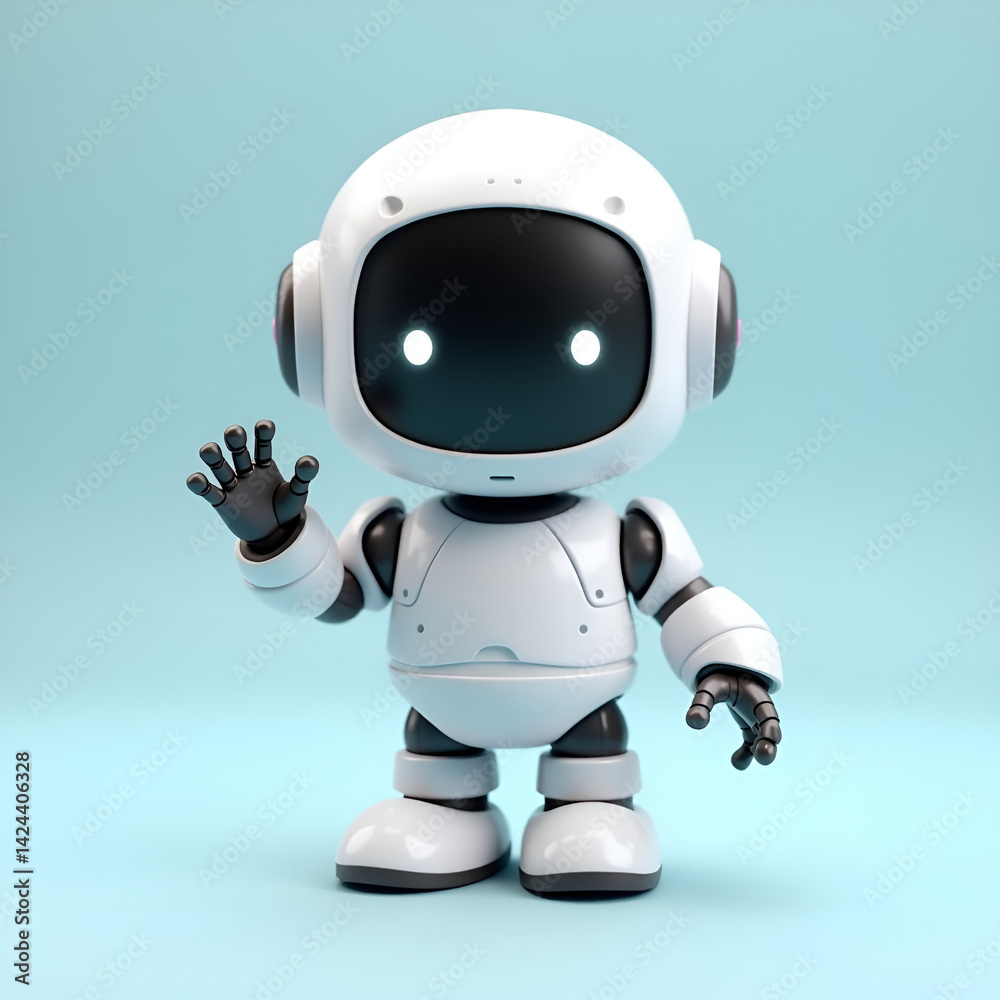 Adorable Futuristic Robot Waving – Friendly AI Character on Blue Background Adorable Futuristic Robot Waving – Friendly AI Character on Blue Background