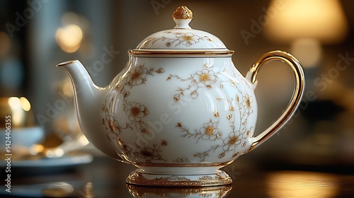 Close up of a bone china teapot captured using macro photography The fine details of the gold trim and floral design are in sharp focus with a blurred architectural backdrop adding depth