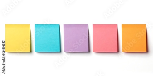Five colorful sticky notes arranged in a row on a clean, minimalist white background