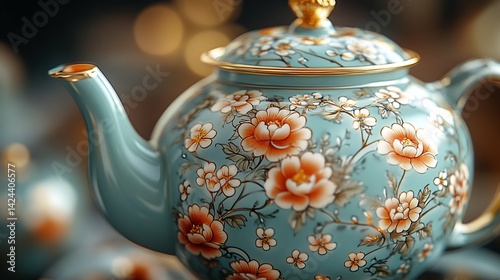 Close up of a bone china teapot captured using macro photography The fine details of the gold trim and floral design are in sharp focus with a blurred architectural backdrop adding depth