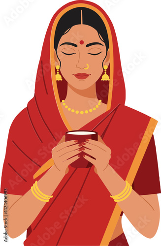 Woman in traditional red sari holding cup vector illustration with gold jewelry and closed eyes peaceful expression